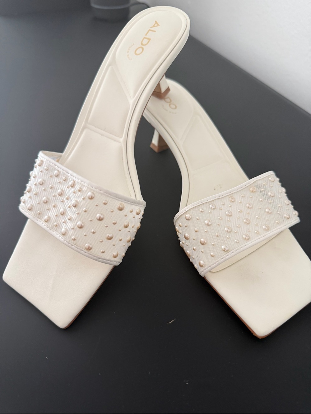Aldo Cream Pearl-Studded Slide Mules